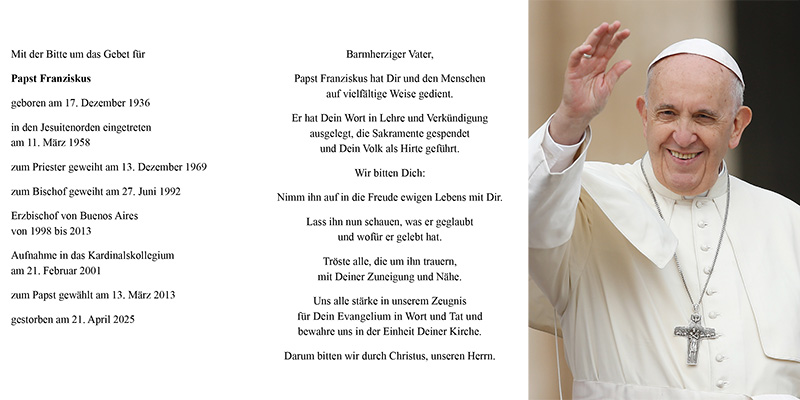 Gebetsbild mit einem Bild von Papst Franziskus