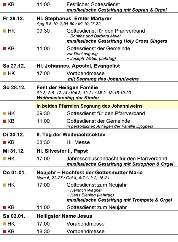 Liste der Gottesdienste Weihnachten 2025, Seite 2