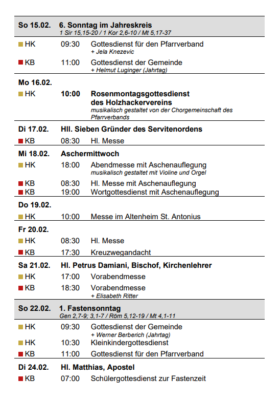Gottesdienstanzeiger Pfarrverband Forstenried | 15.02. bis 01.03.2026 | Seite 1