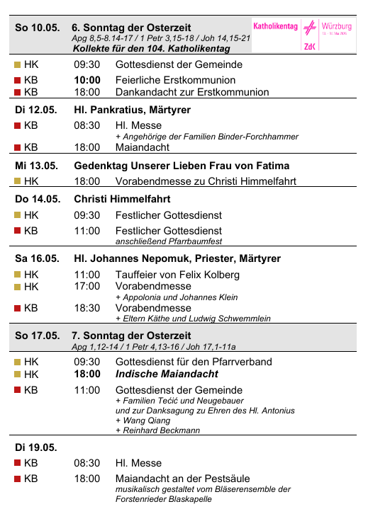 Gottesdienstanzeiger Pfarrverband Forstenried | 10.05. bis 24.05.2026 | Seite 1