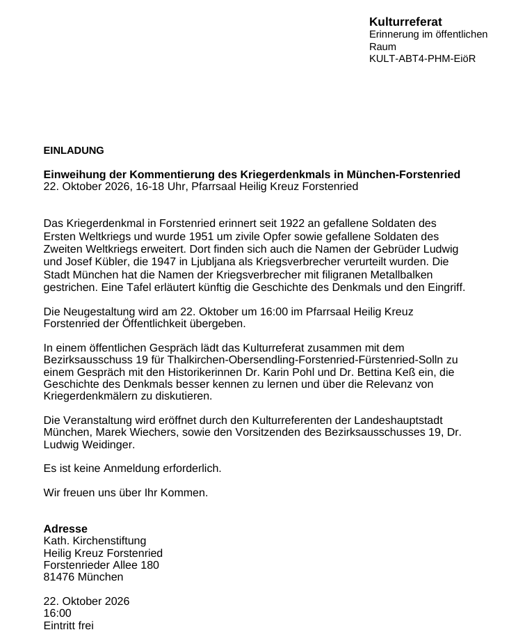 Einladung des Kulturreferats: Einweihung der Kommentierung des Kriegerdenkmals in Forstenried